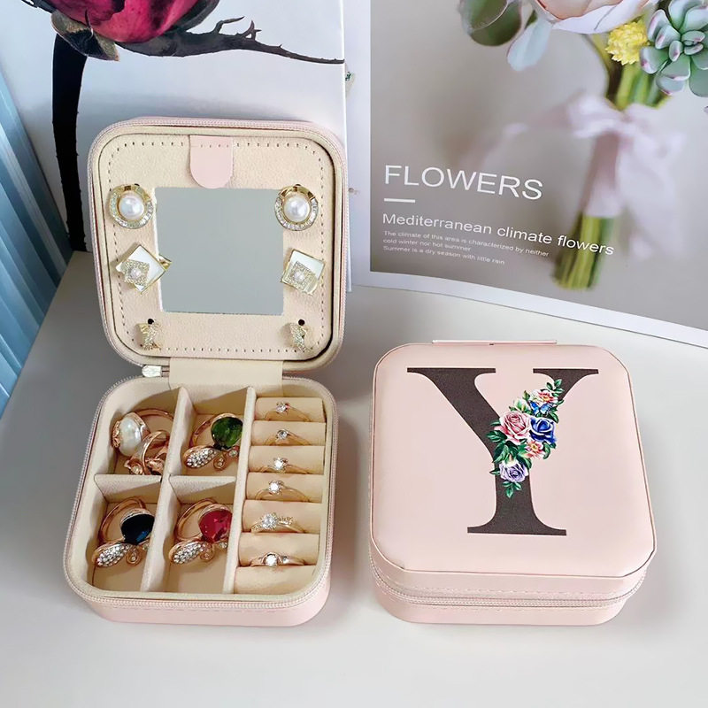 PLH803 Flower Printing Faux Leather Travel Jewelry Box with Mirror